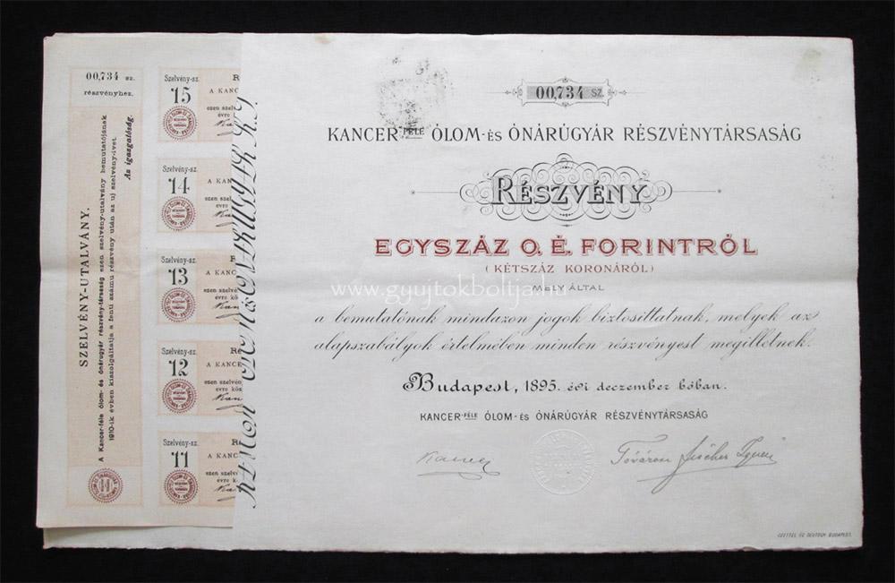 Kancer-féle Ólom- és Ónárúgyár részvény 100 forint 1895